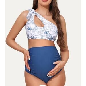 Summer Mae Two Piece One Shoulder Tie Side Pregnancy Swimwear Small Blue White